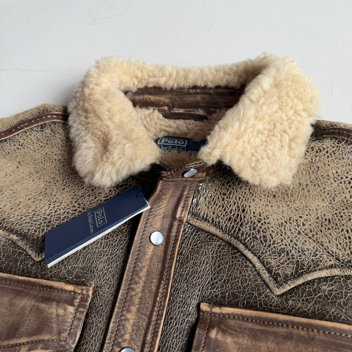 NWT Polo Ralph Lauren (S) Leather Shearling Western Pearl Snap Jacket Shirt