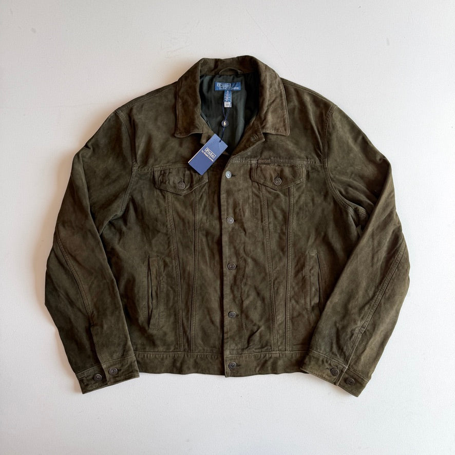 NWT Polo Ralph Lauren (XL) Olive Green Goat Suede Leather Trucker Jacket