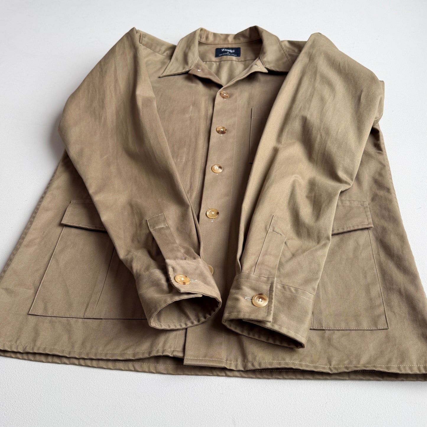 Drake's London (M) Olive/Khaki Twill Cotton Iridescent Over Shirt
