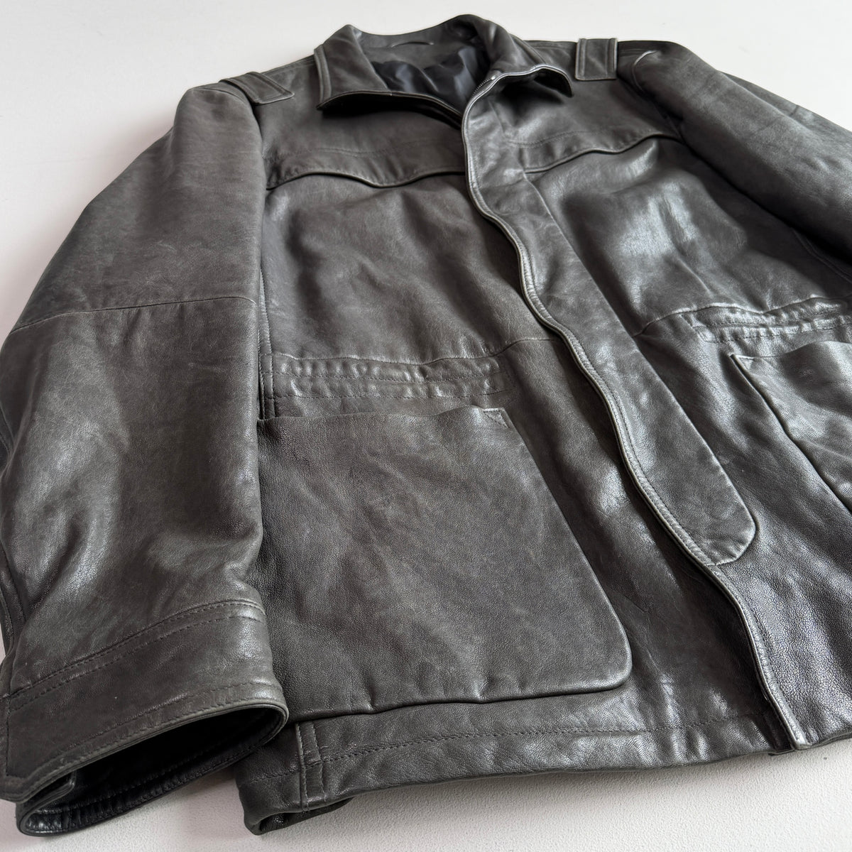 Z Zegna (54 /XL) Leather Charcoal Gray Motorcycle Utility Coat Jcket