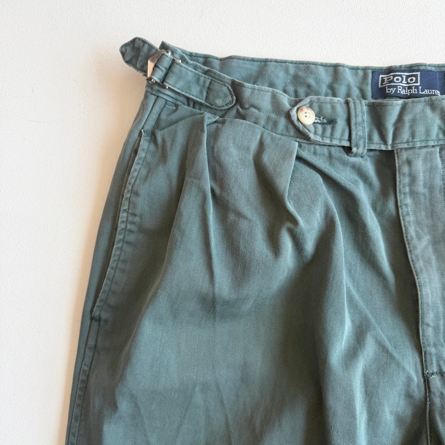 VNTG Polo Ralph Lauren (33x30) Dusty Turquoise Pleated Side Tab Cotton Chinos