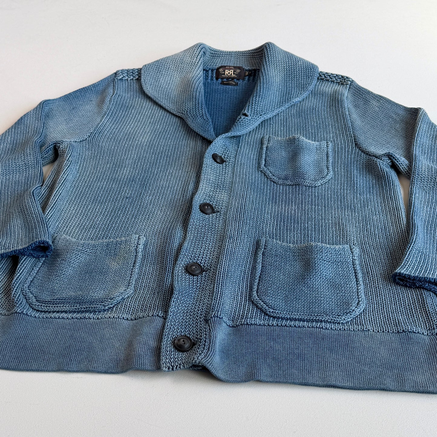 RRL Ralph Lauren (XL) Sun-Faded Indigo Cotton Knit Cardigan Sweater