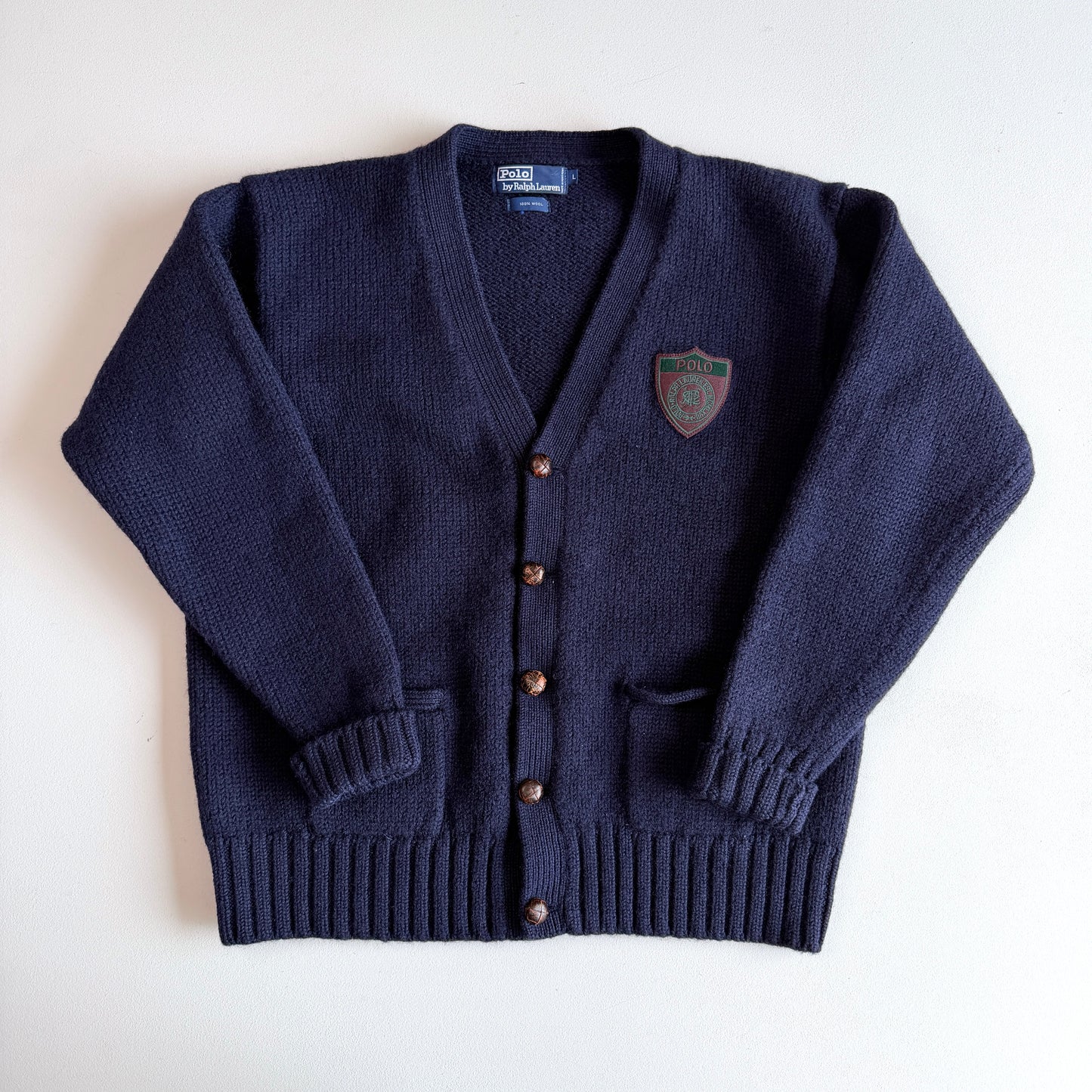 VNTG Polo Ralph Lauren (L) 100% Wool Crest/Shield Navy Blue Cardigan Sweater
