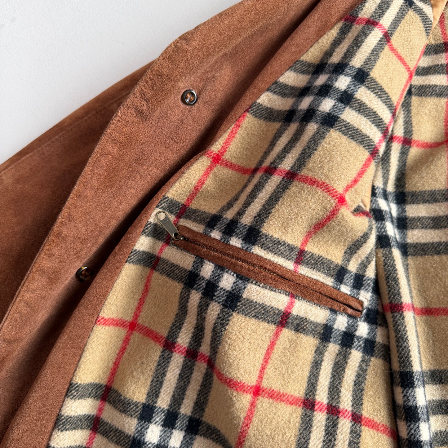 Burberry (52 /54) Suede Nova Check Raglan Balmacaan Leather Coat