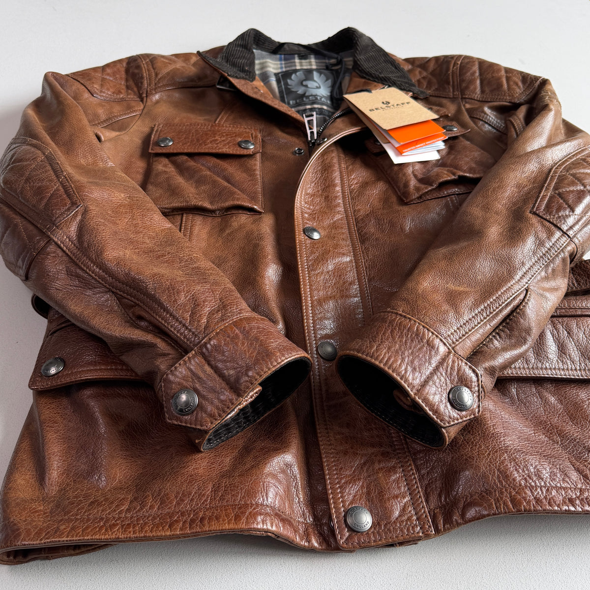 NWT Belstaff (L/XL) Turner Leather Brown Partial-Belt Motorcycle Jacket