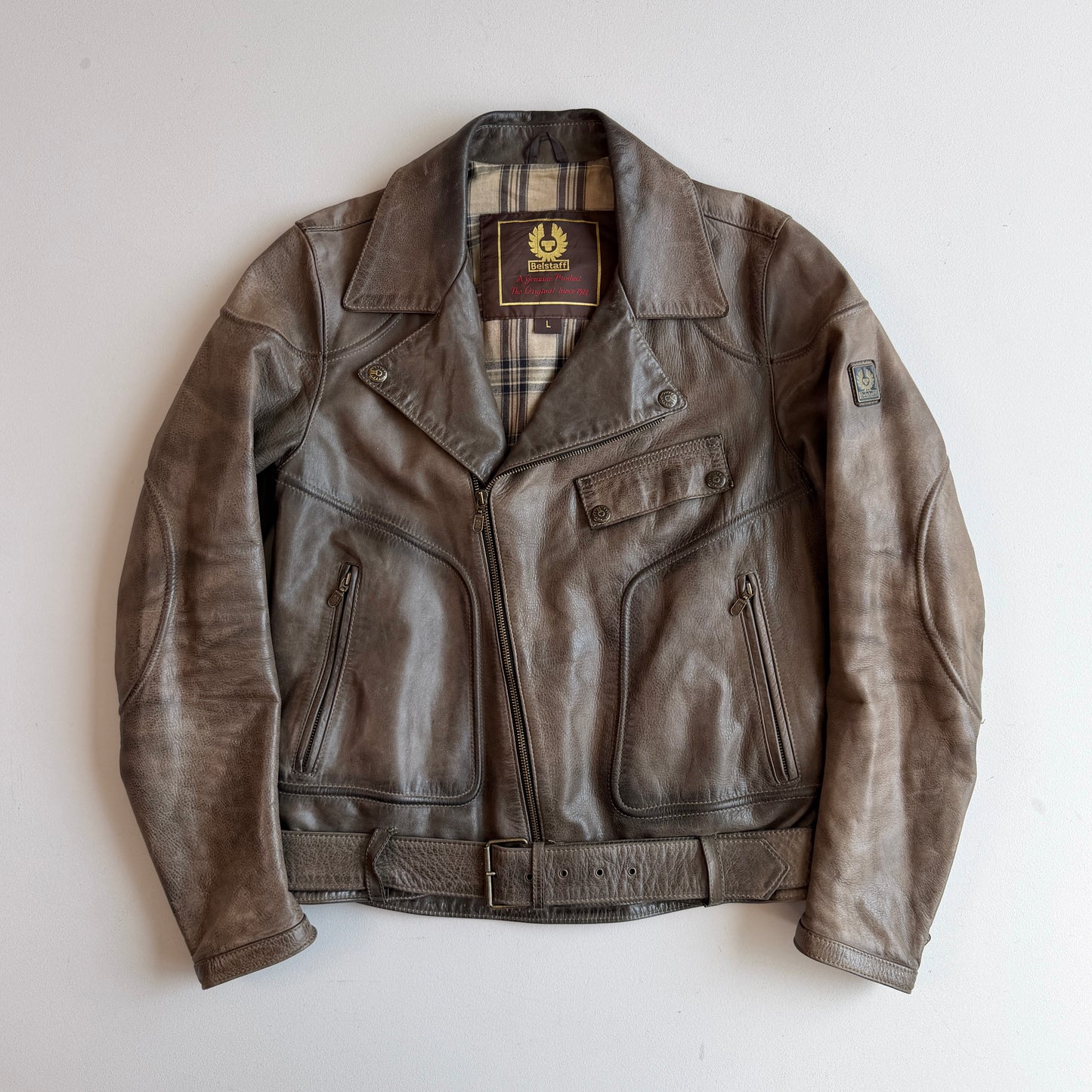 Belstaff Gold Label (L) Taupe Leather Belted Asymmetrical Zip Jacket