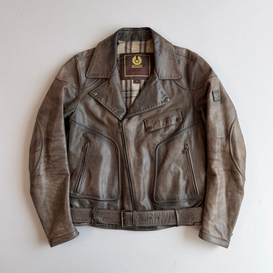 Belstaff Gold Label (L) Taupe Leather Belted Asymmetrical Zip Jacket