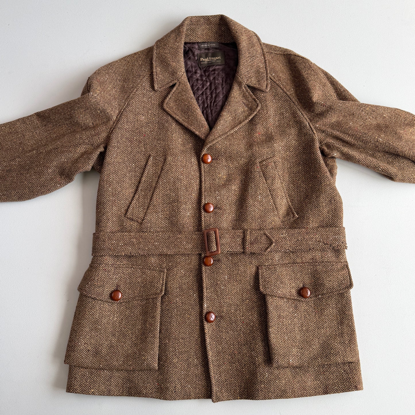 VNTG Paul Stuart (54) Tweed Wool Belted Balmacaan Norfolk-Style Field Coat
