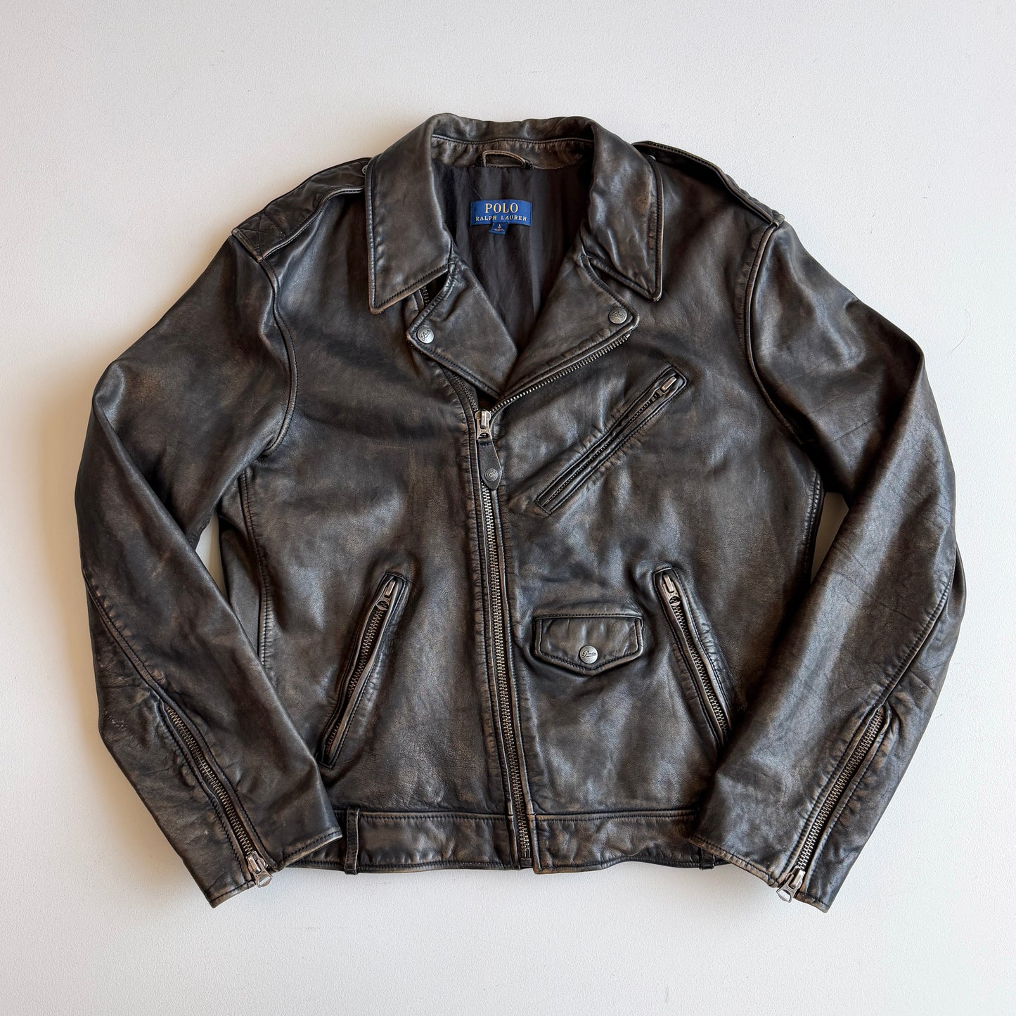 MINT! Polo Ralph Lauren (L) Bronze Leather Horizontal Zip Motorcycle Jacket