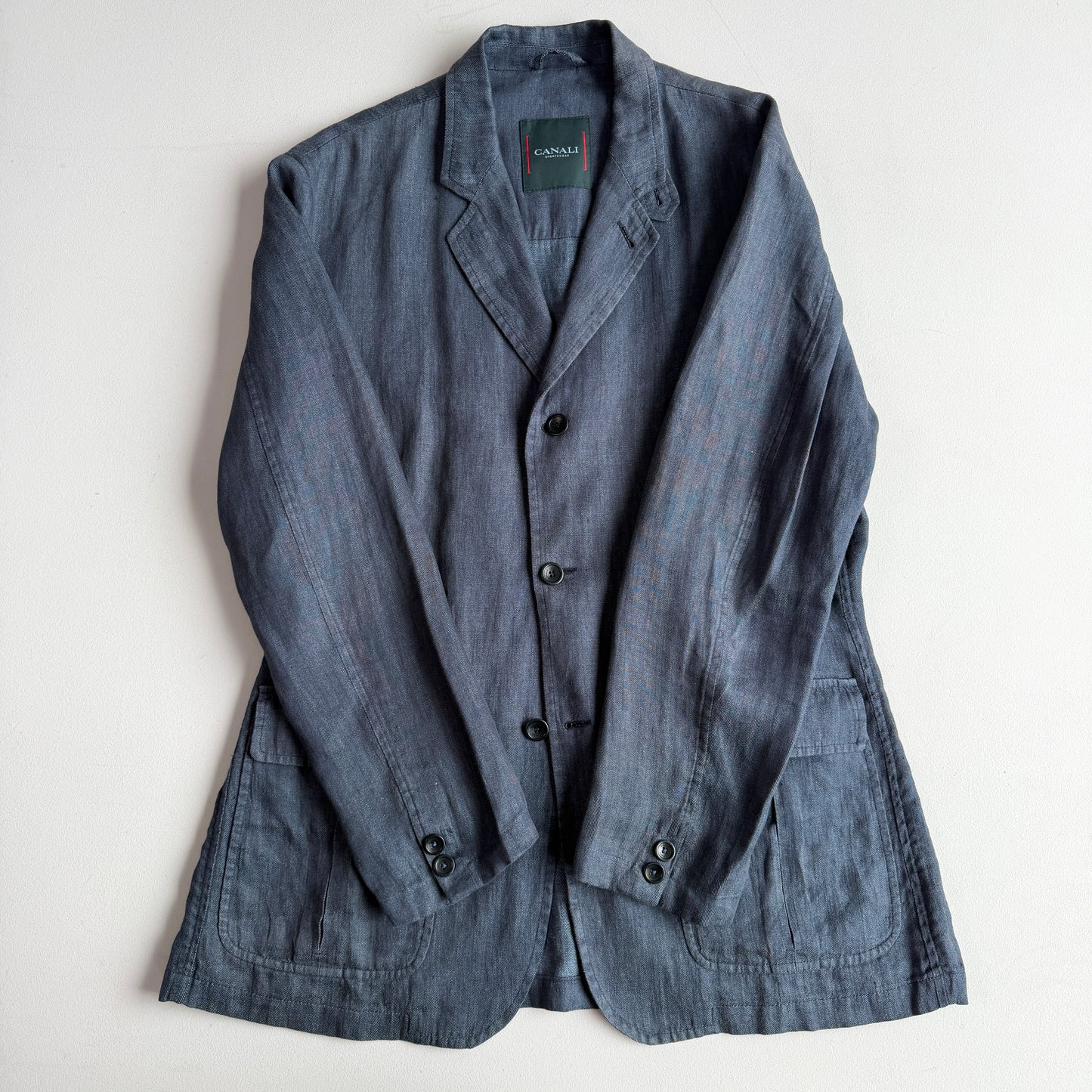 Canali (52 / L) Half-Norfolk 100% Linen Slate Blue Unstructured Sport Coat