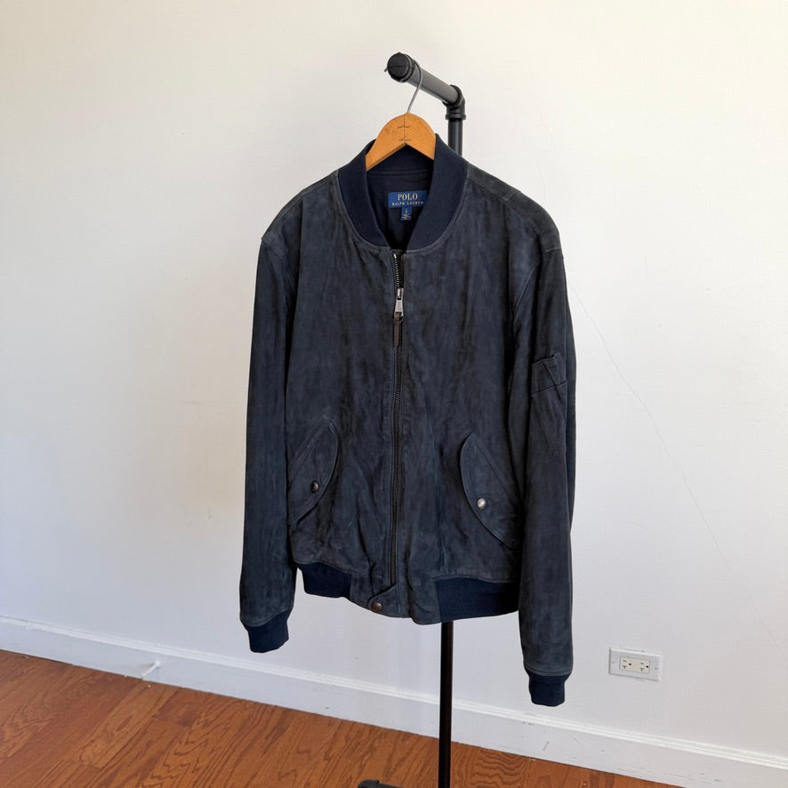 Polo Ralph Lauren (L) Navy Blue Goat Suede Leather Bomber Jacket