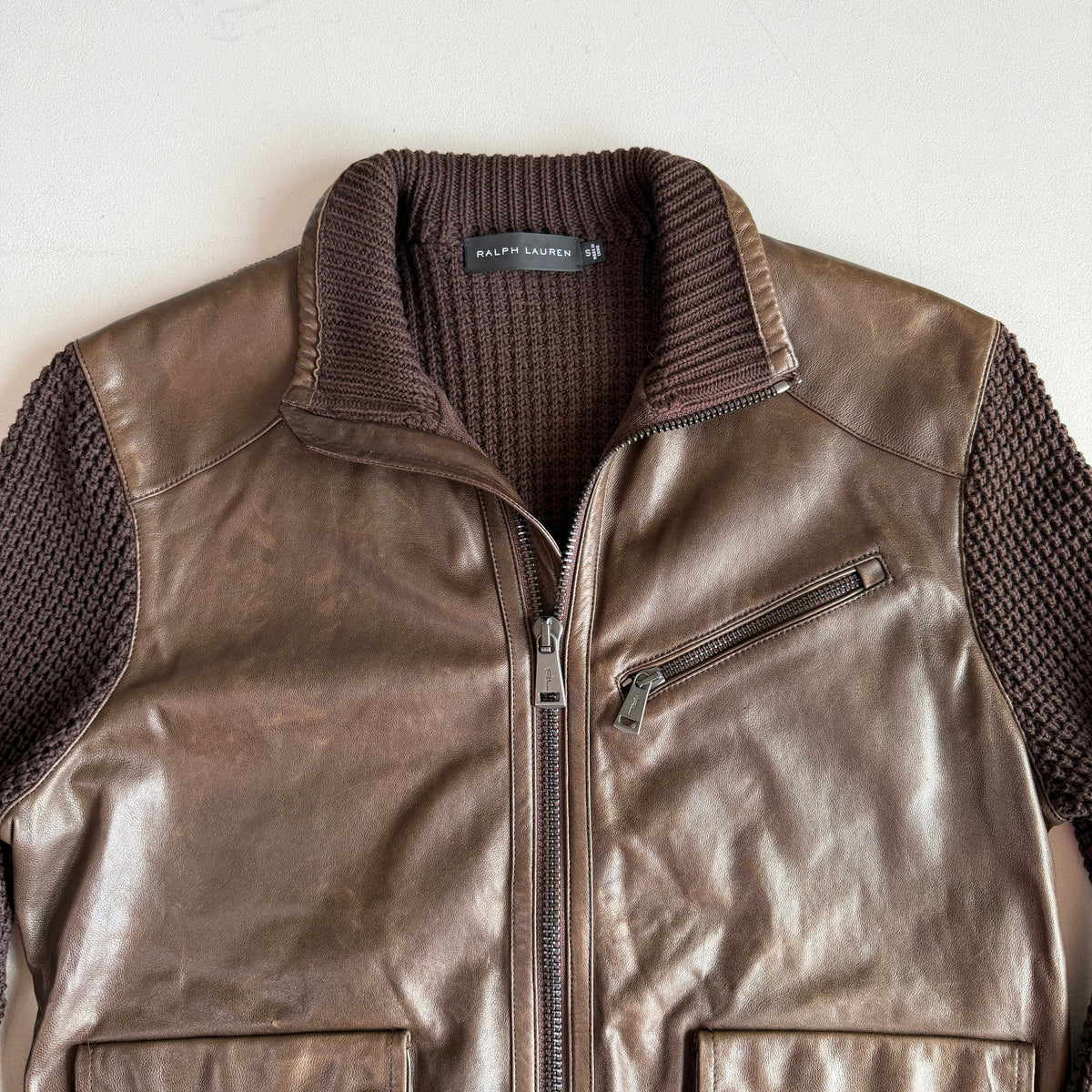 Ralph Lauren Black Label (S) Leather Front Cotton Knit Brown Cardigan Sweater