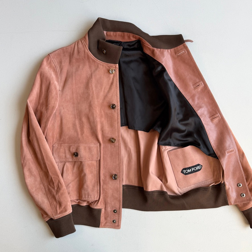 MINT! Tom Ford (50 IT) Blush Clay Calfskin Suede Leather Bomber-Style Jacket