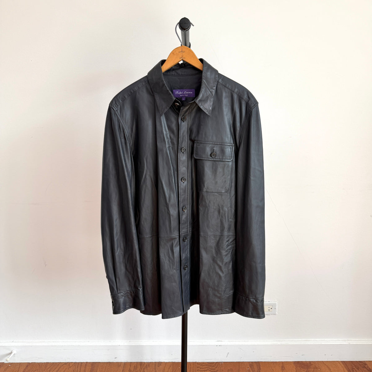 Ralph Lauren Purple Label (L) Skived Lamb Leather Midnight Blue Overshirt