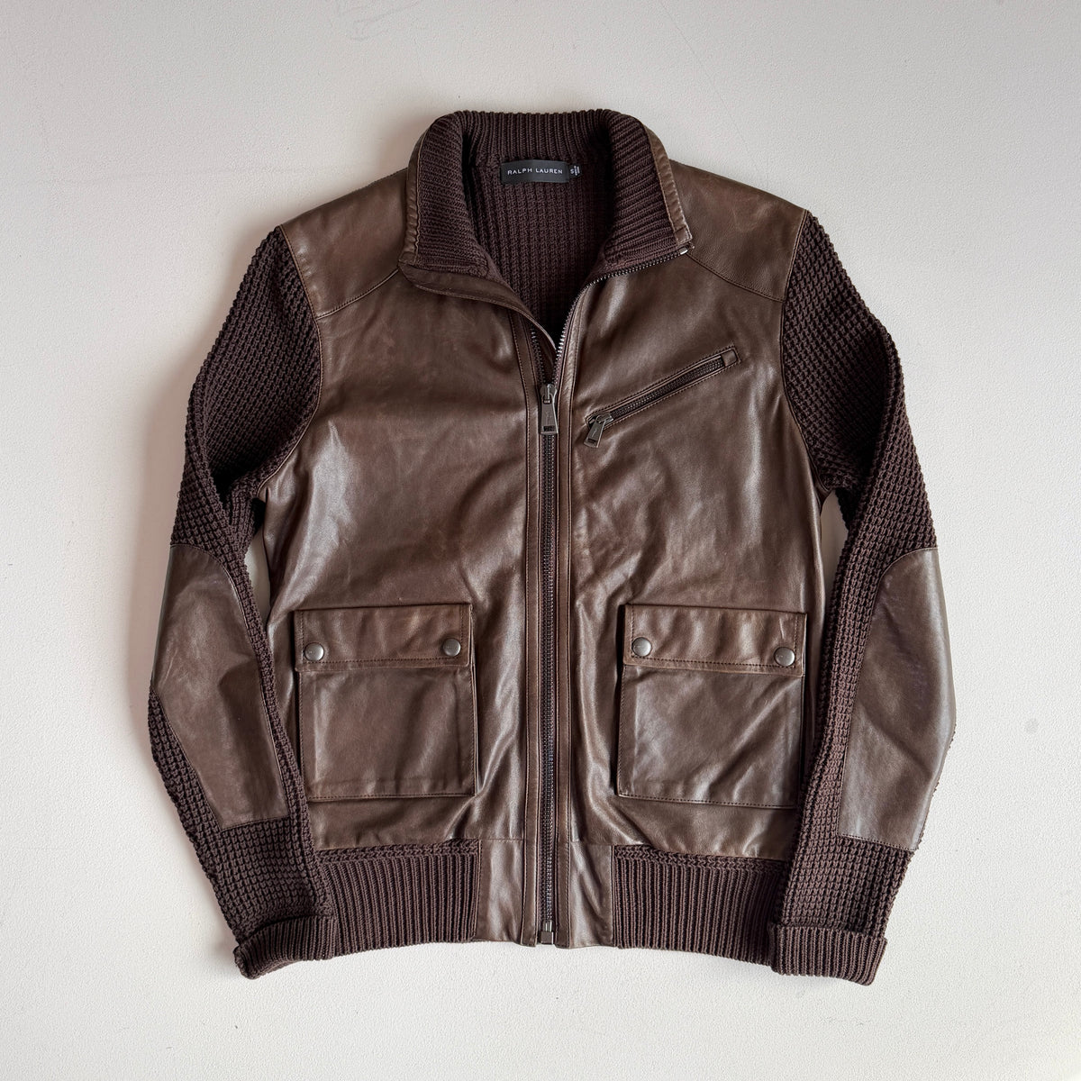 Ralph Lauren Black Label (S) Leather Front Cotton Knit Brown Cardigan Sweater