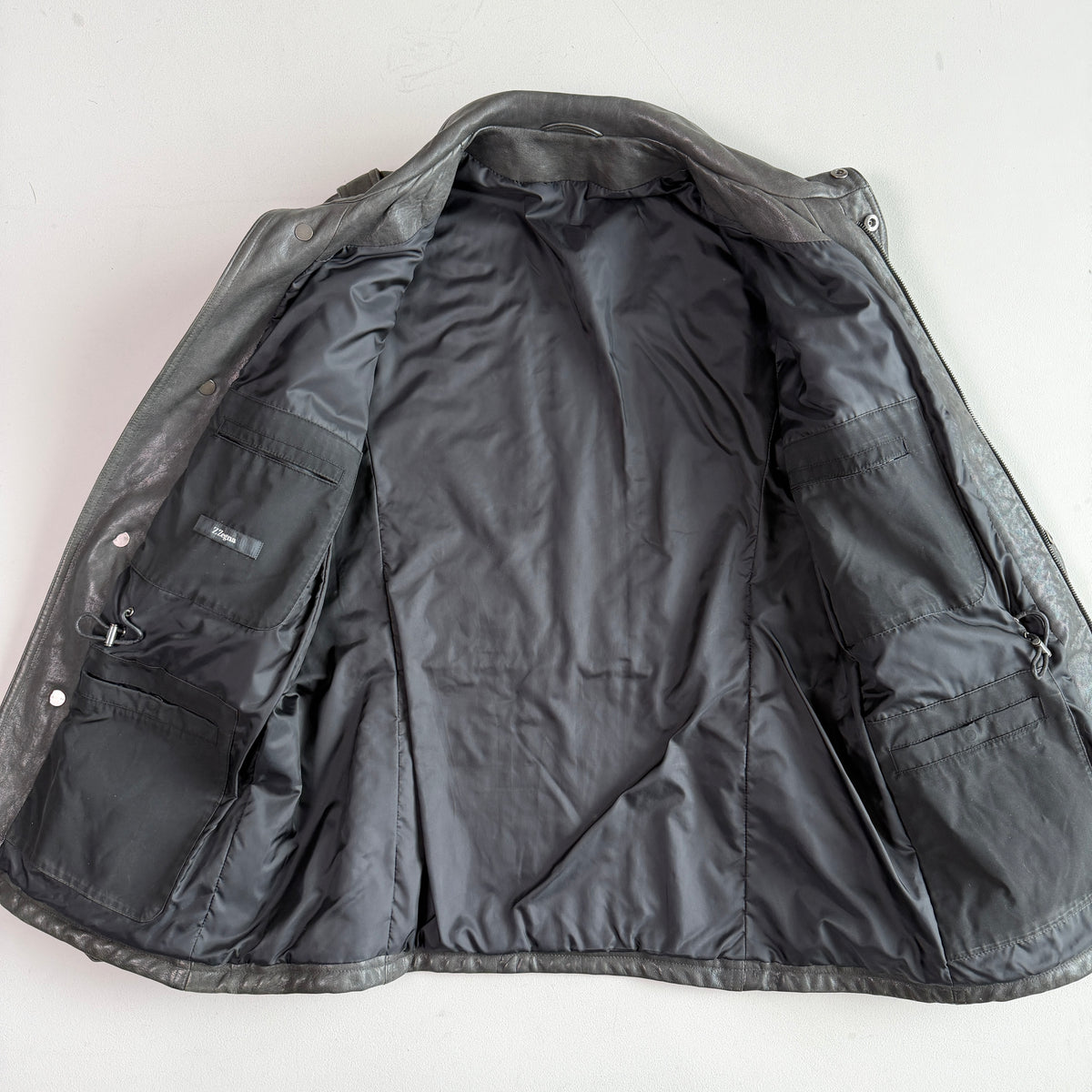 Z Zegna (54 /XL) Leather Charcoal Gray Motorcycle Utility Coat Jcket
