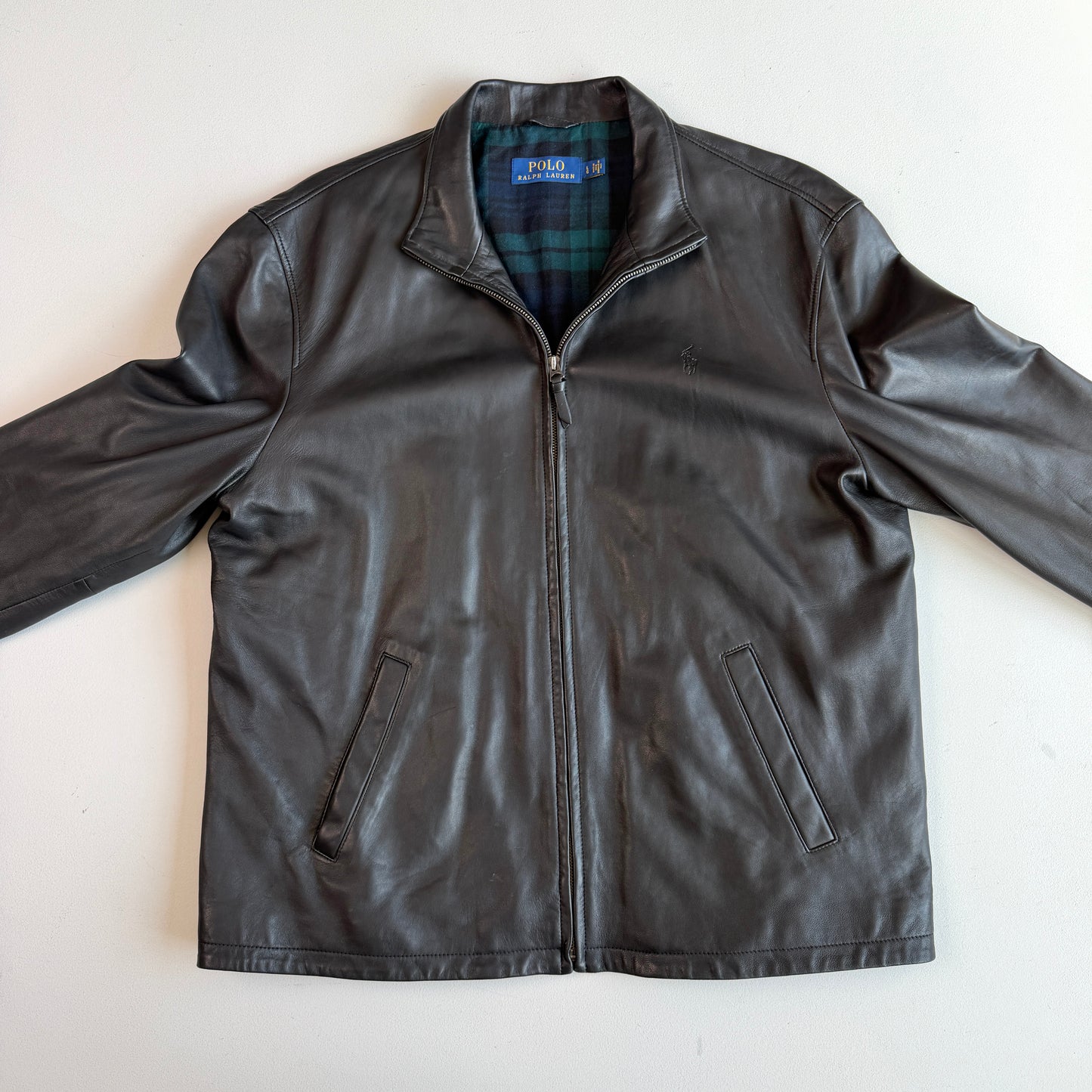 Polo Ralph Lauren (L) Black Glove Soft Leather Plaid Lined Jacket