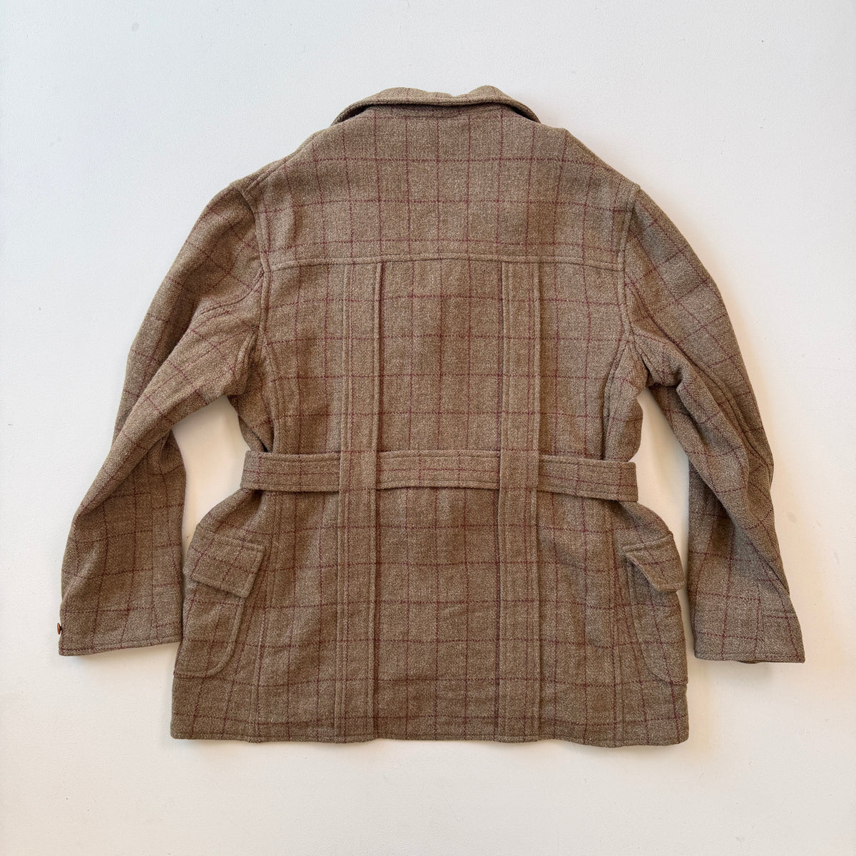 VNTG Polo Ralph Lauren (L) Wool Tweed Olive Windowpane Norfolk Coat Jacket