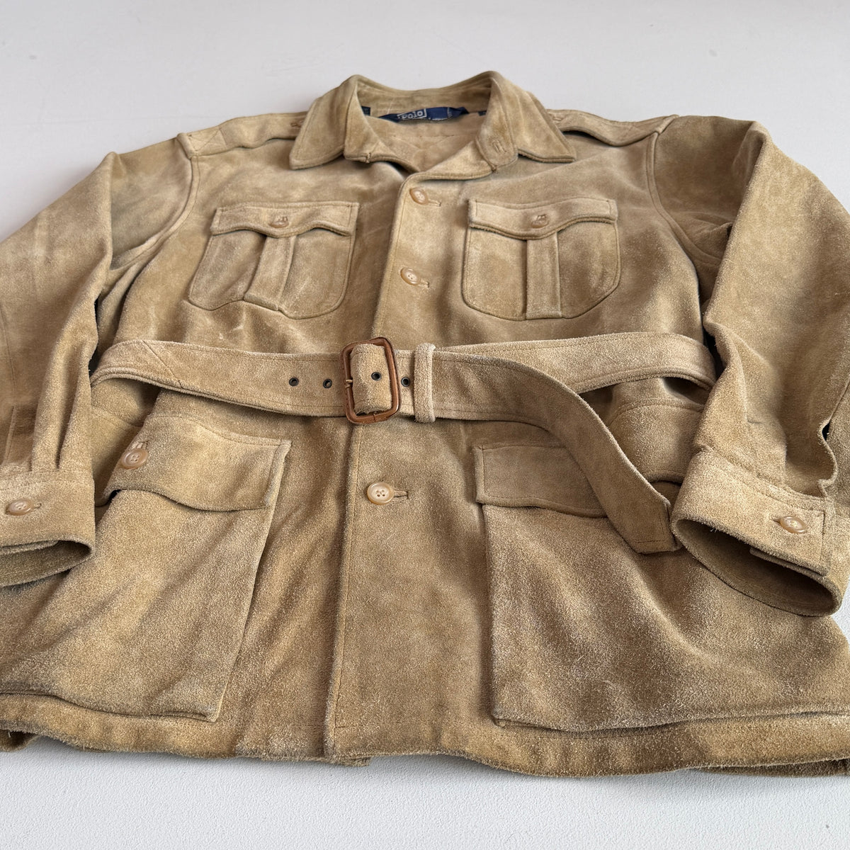 VNTG Polo Ralph Lauren (L) Rugged Suede Leather Khaki Safari Coat