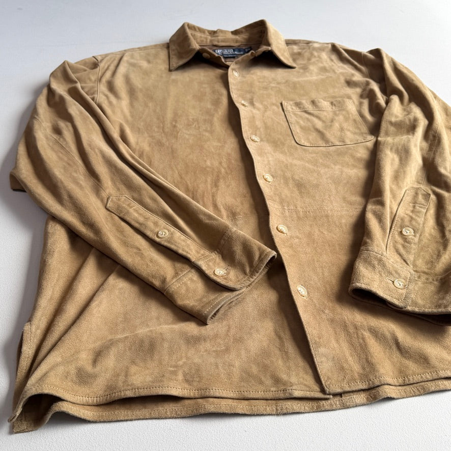 Polo Ralph Lauren (L) Suede Leather Tan Button Front Long Sleeve Shirt