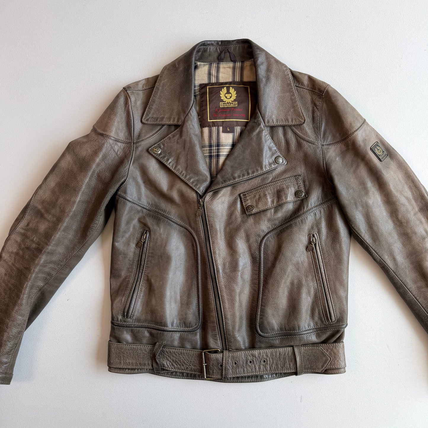 Belstaff Gold Label (L) Taupe Leather Belted Asymmetrical Zip Jacket