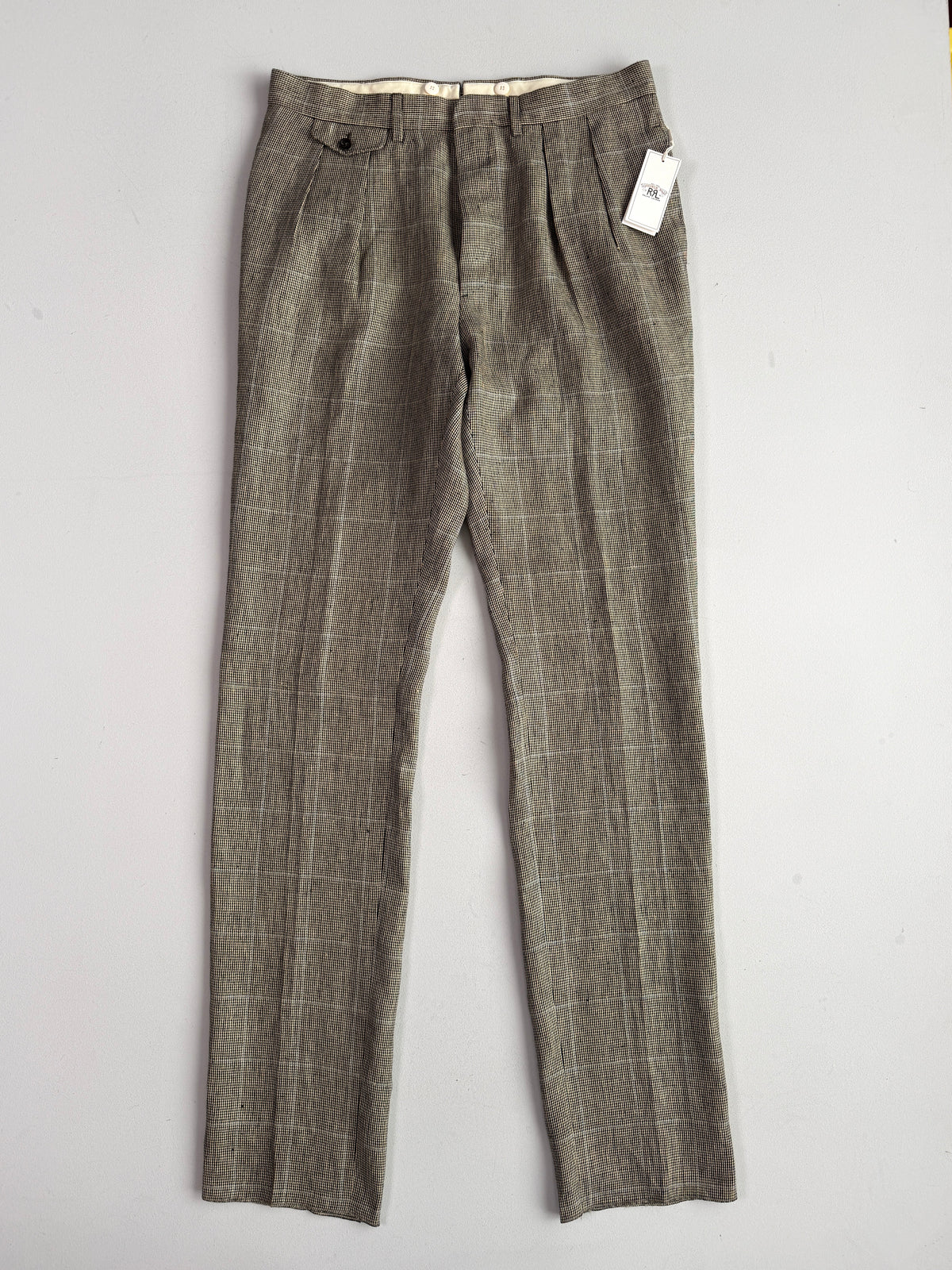 NWT RRL Ralph Lauren (34) 100% Linen Pleated Brown/Gray Blue-Overcheck Trouser Pants