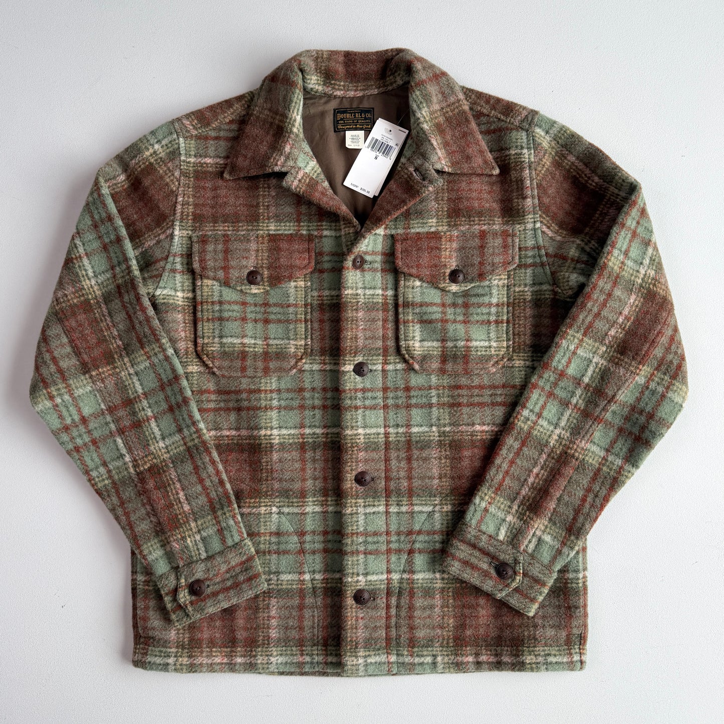 NWT RRL Ralph Lauren (S) Wool Blend Sage/Maroon Plaid Fleece Overshirt