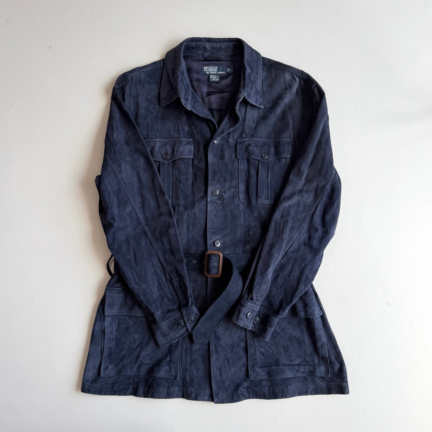 Polo Ralph Lauren (L) Blue Suede Leather Safari Belted Jacket Coat