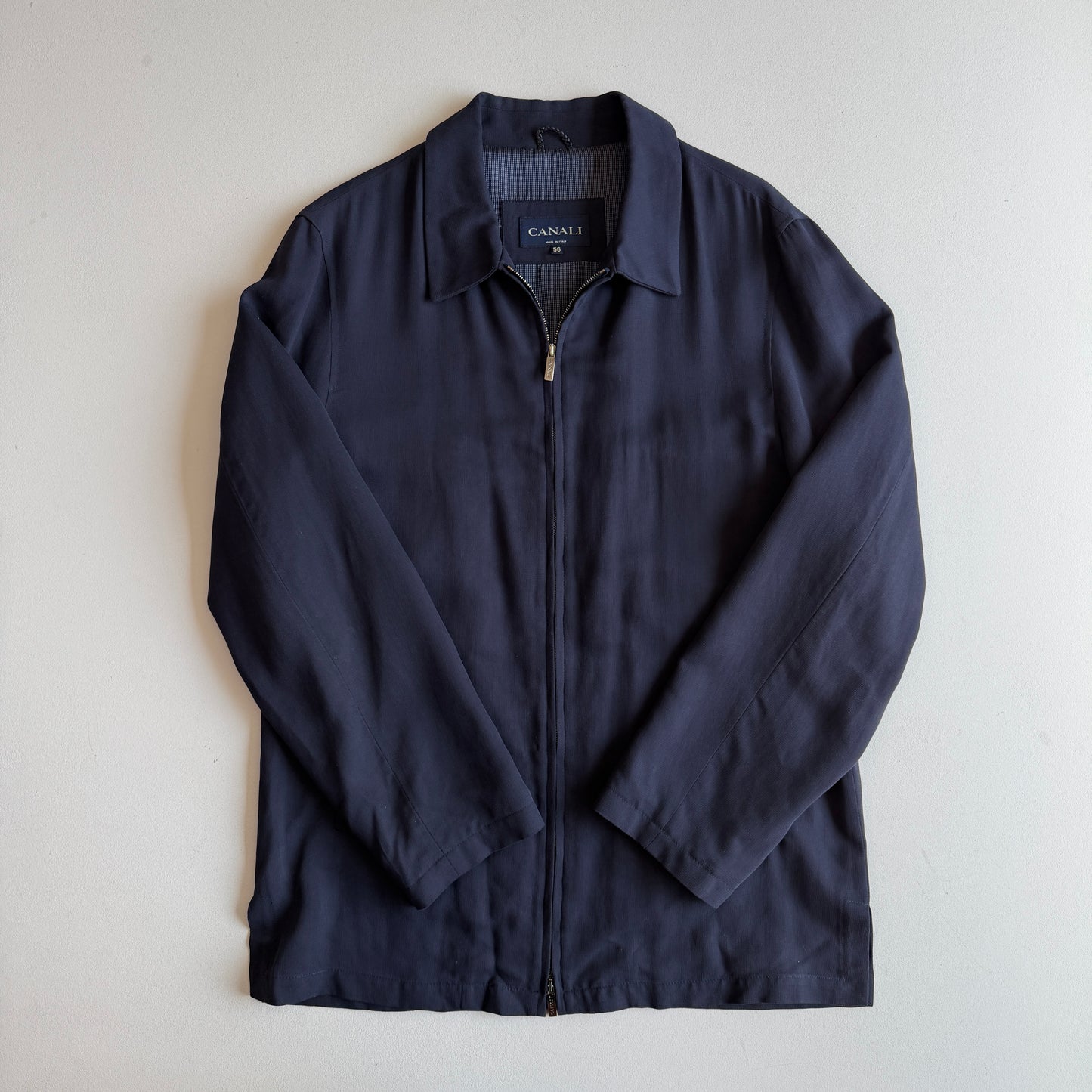 Canali (56 / 46L) 100% Silk Navy Blue Full Zip Tailored Harrington Jacket