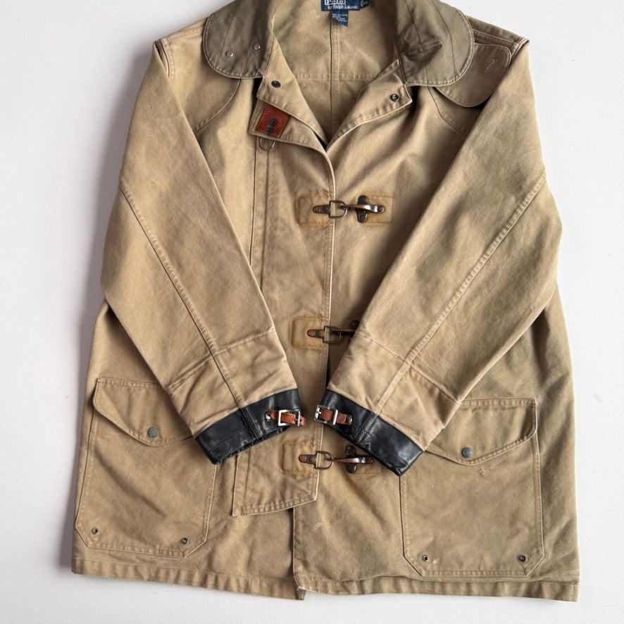 VNTG Polo Ralph Lauren (XL) Sage Fireman Clasp Leather Trim Canvas Coat