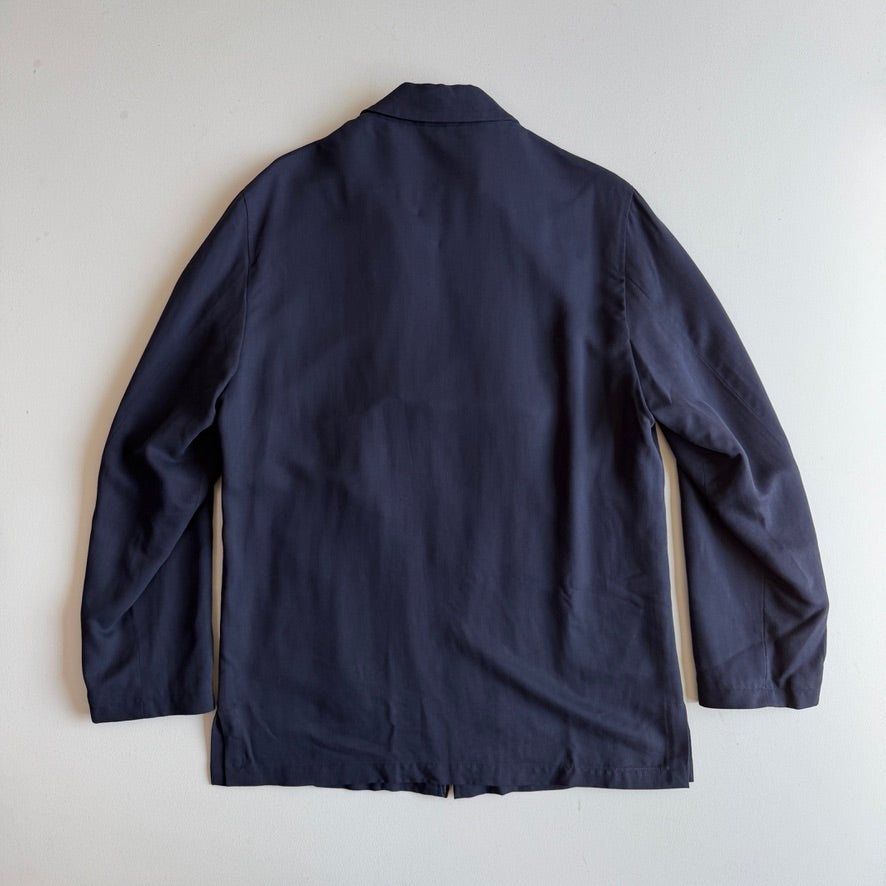 Canali (56 / 46L) 100% Silk Navy Blue Full Zip Tailored Harrington Jacket