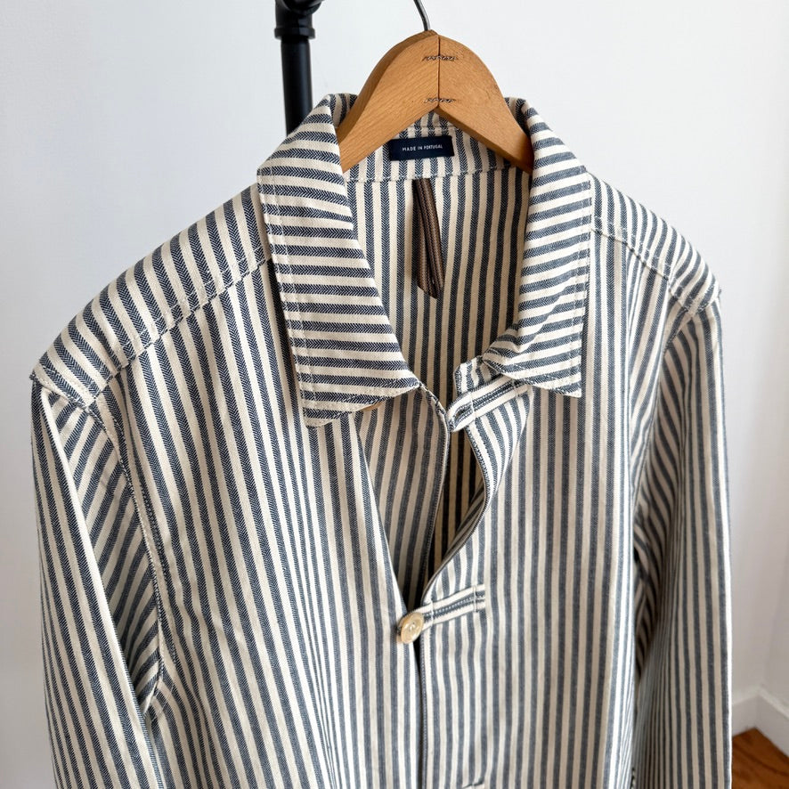 Drake's London (44) Blue and Ecru Stripe Cotton-Linen Deck Chore Jacket