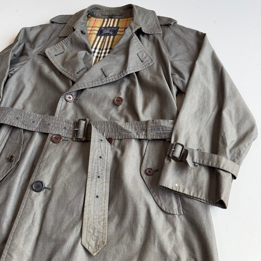 VNTG Burberry (44L) 100% Cotton Gabardine Double Breast Gray Trench Coat