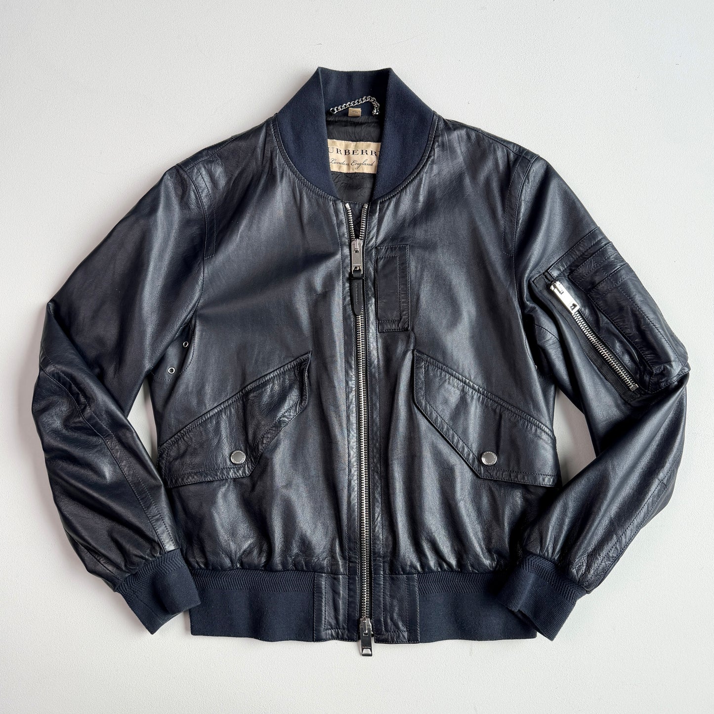Burberry Brit (48 IT / M) Metallic Blue Leather Bomber Jacket