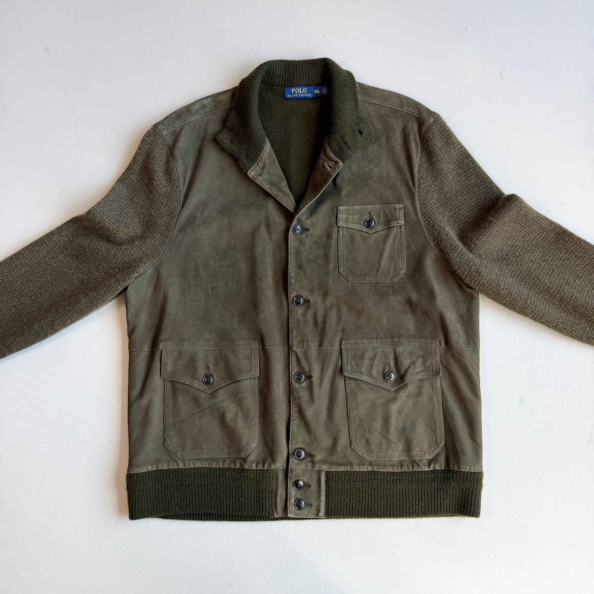 Polo Ralph Lauren (2XL) Suede Leather Front Wool/Cashmere Button Jacket Cardigan