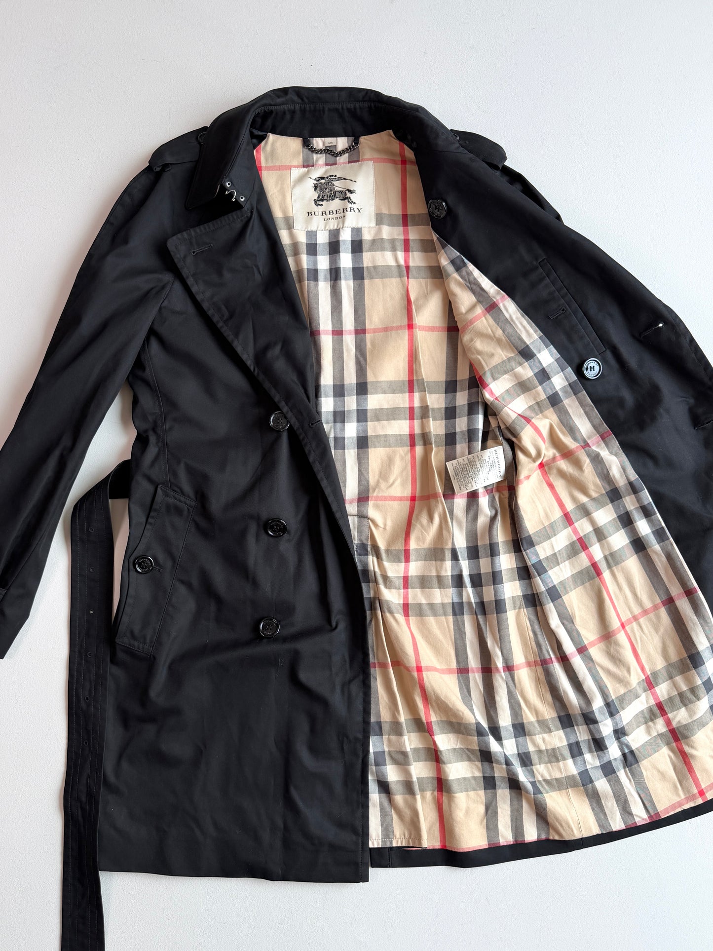 Burberry (54R) Black Poly/Cotton Double Breast Trench Coat