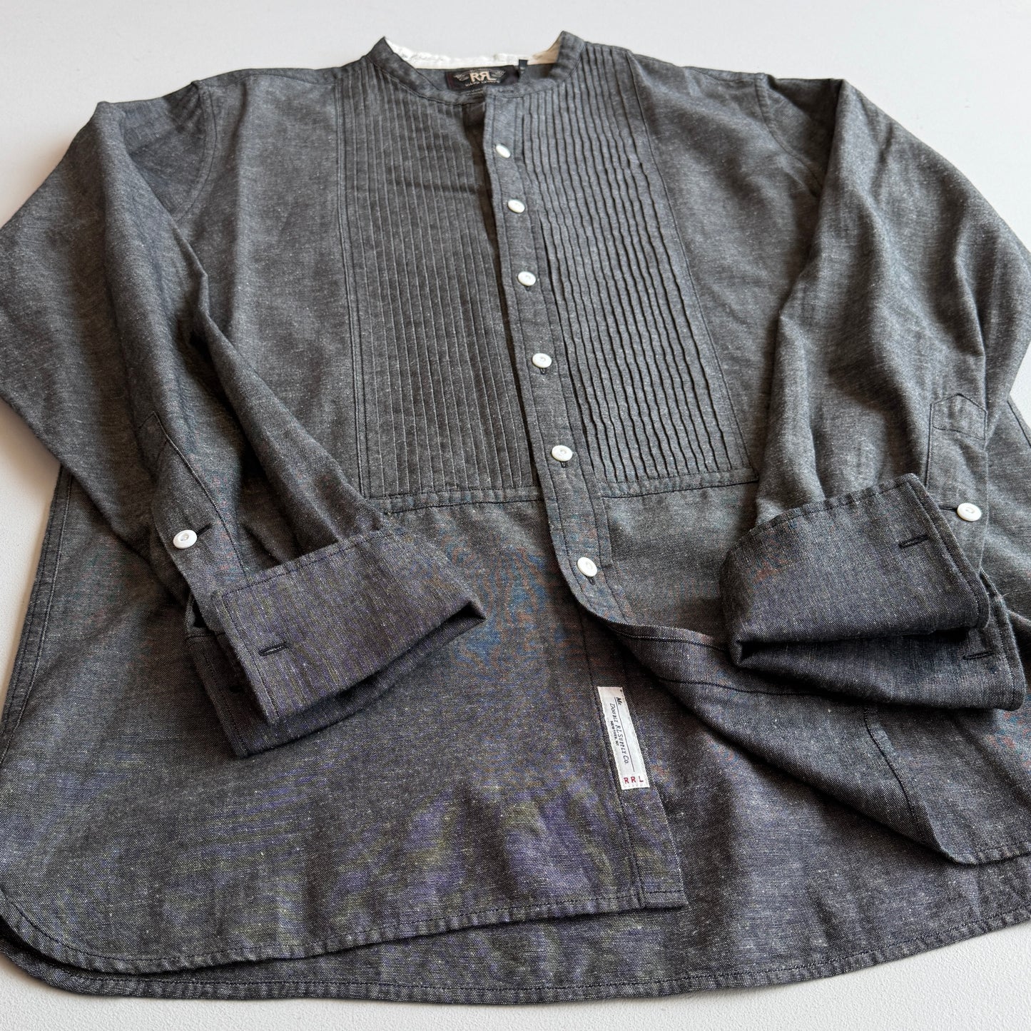 RRL Ralph Lauren (L) Pleated Bib Tuxedo Collar French Cuff Chambray Shirt