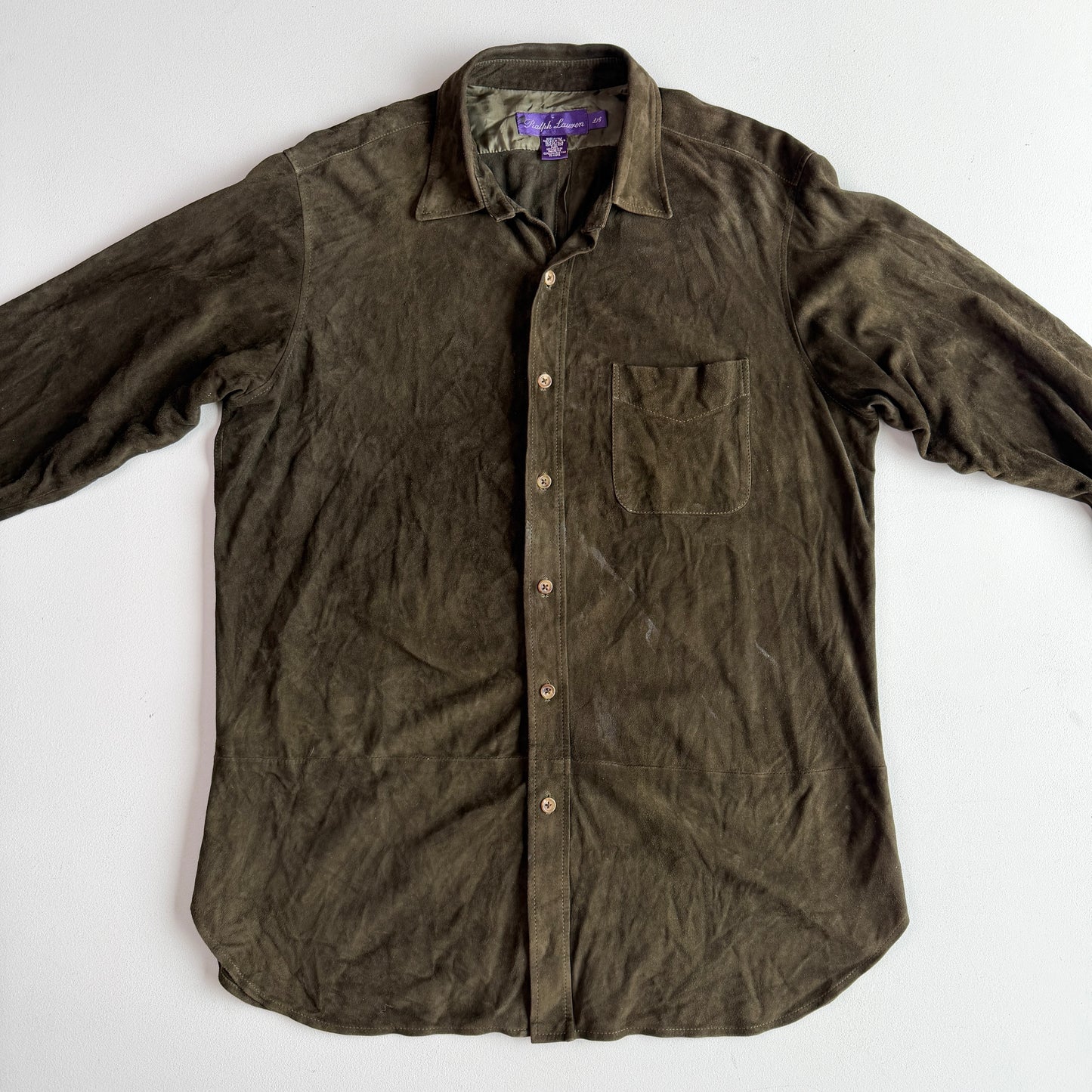 Ralph Lauren Purple Label (L) Olive Green/Brown Goat Suede Leather Shirt