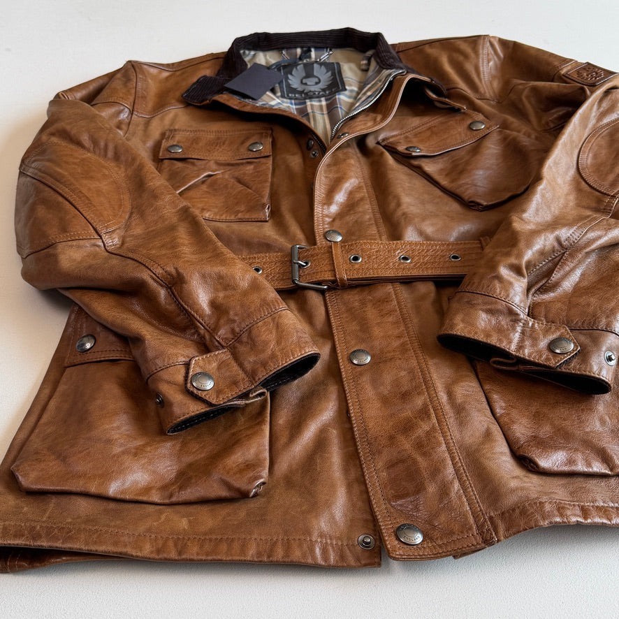 NWT Belstaff (58IT / 2XLT) Panther Cognac Four Pocket Leather Motorcycle Jacket