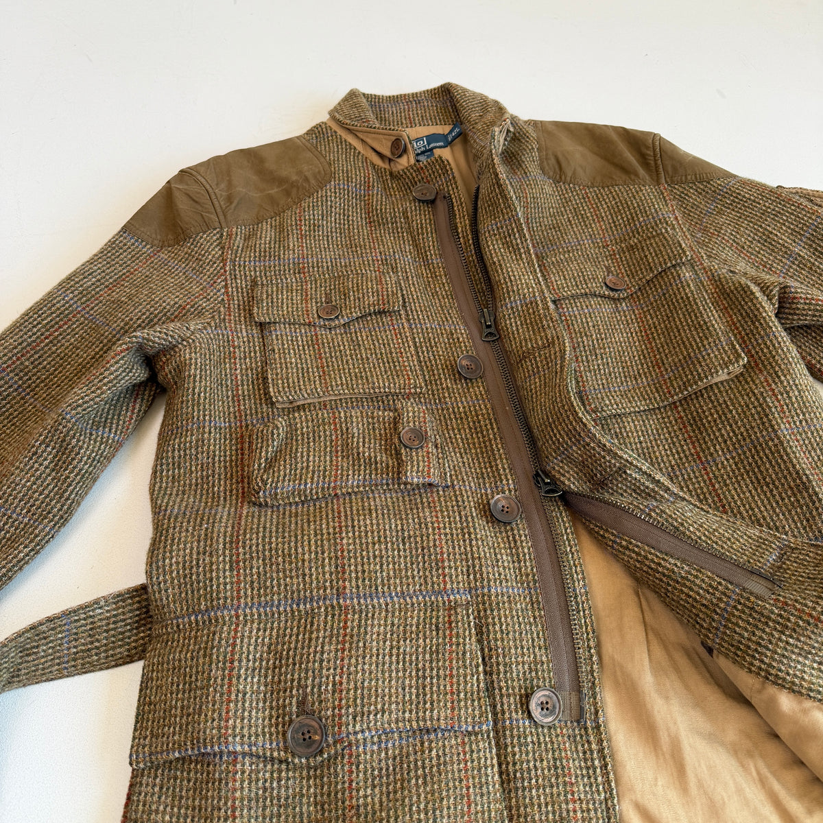 Polo Ralph Lauren (42L) Wool Tweed Olive Overcheck Field Belted Sport Jacket Coat