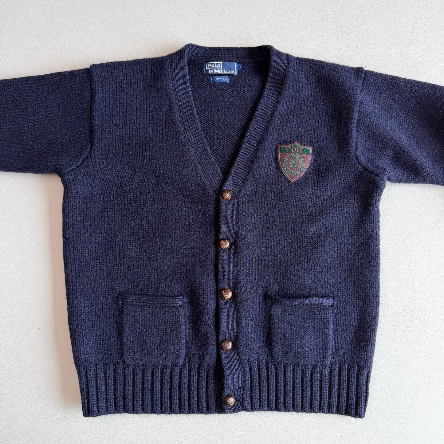 VNTG Polo Ralph Lauren (L) 100% Wool Crest/Shield Navy Blue Cardigan Sweater