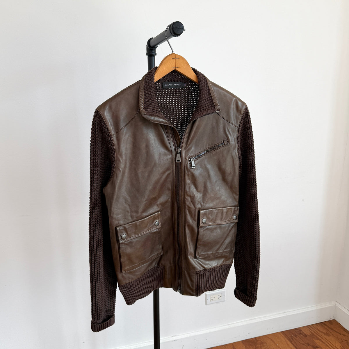 Ralph Lauren Black Label (S) Leather Front Cotton Knit Brown Cardigan Sweater
