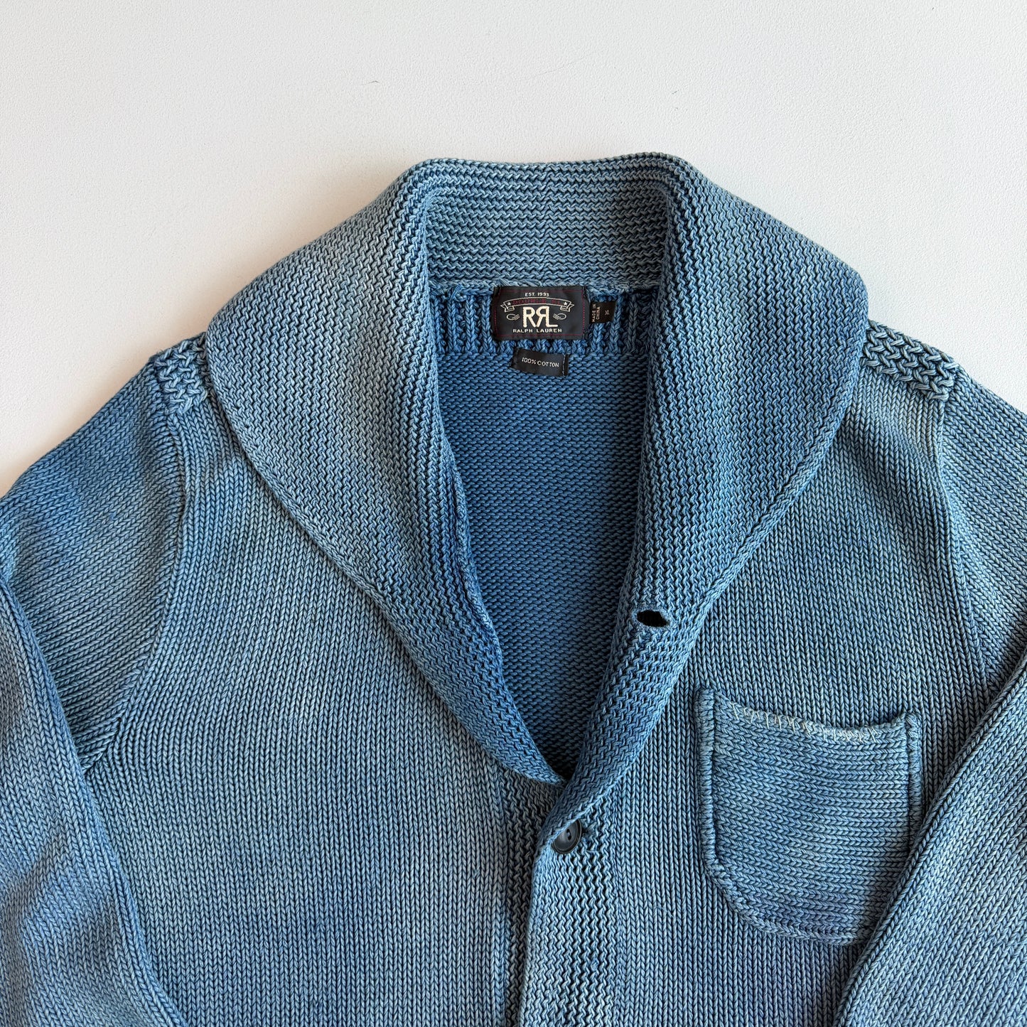 RRL Ralph Lauren (XL) Sun-Faded Indigo Cotton Knit Cardigan Sweater