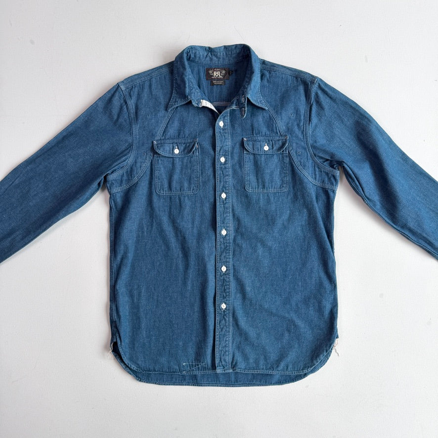 RRL Ralph Lauren (L) Indigo Cotton/Ramie Chambray Scalloped Yoke Work Shirt