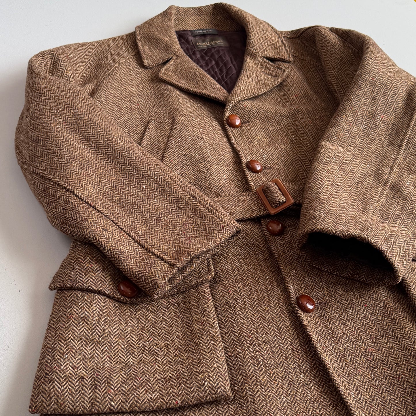 VNTG Paul Stuart (54) Tweed Wool Belted Balmacaan Norfolk-Style Field Coat