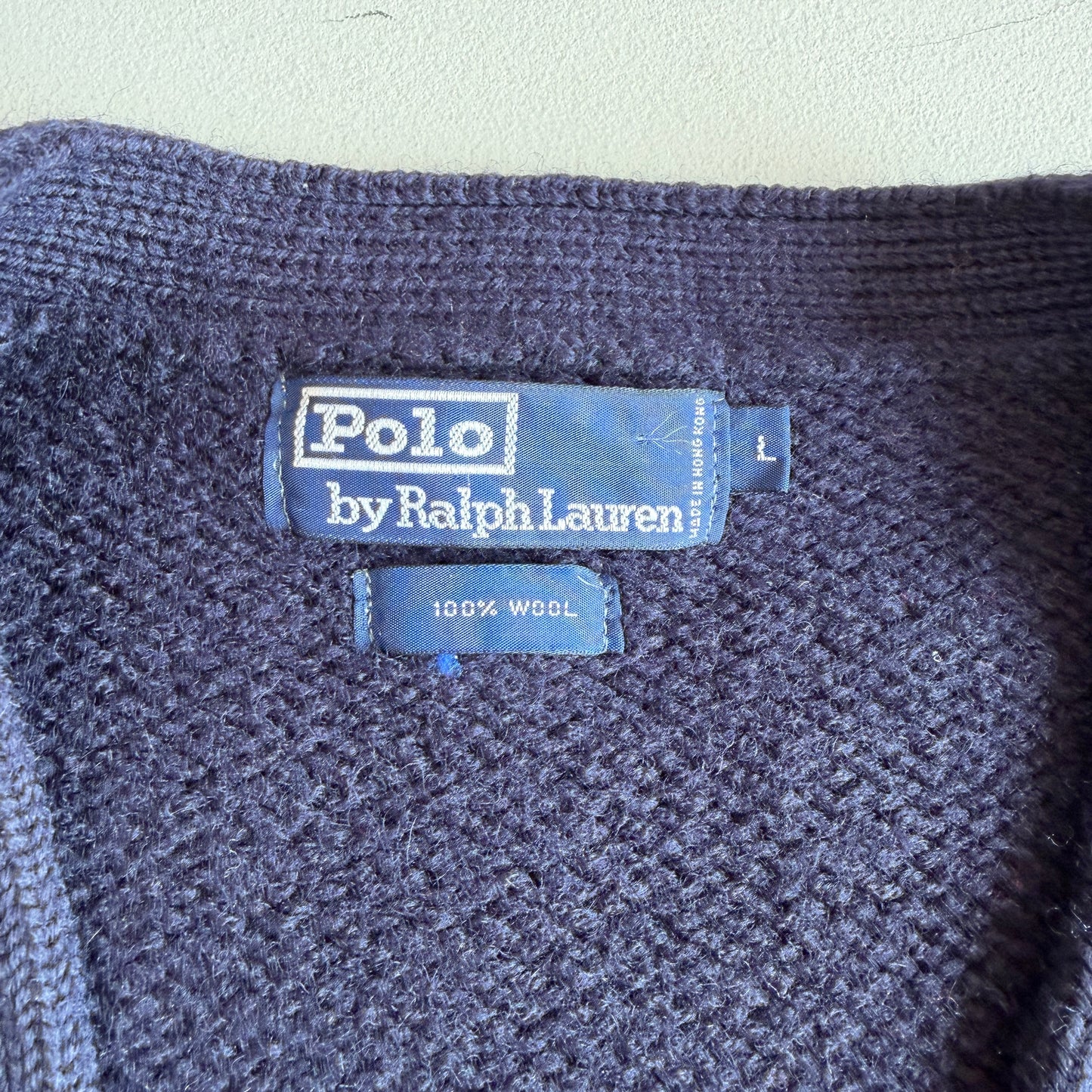 VNTG Polo Ralph Lauren (L) 100% Wool Crest/Shield Navy Blue Cardigan Sweater