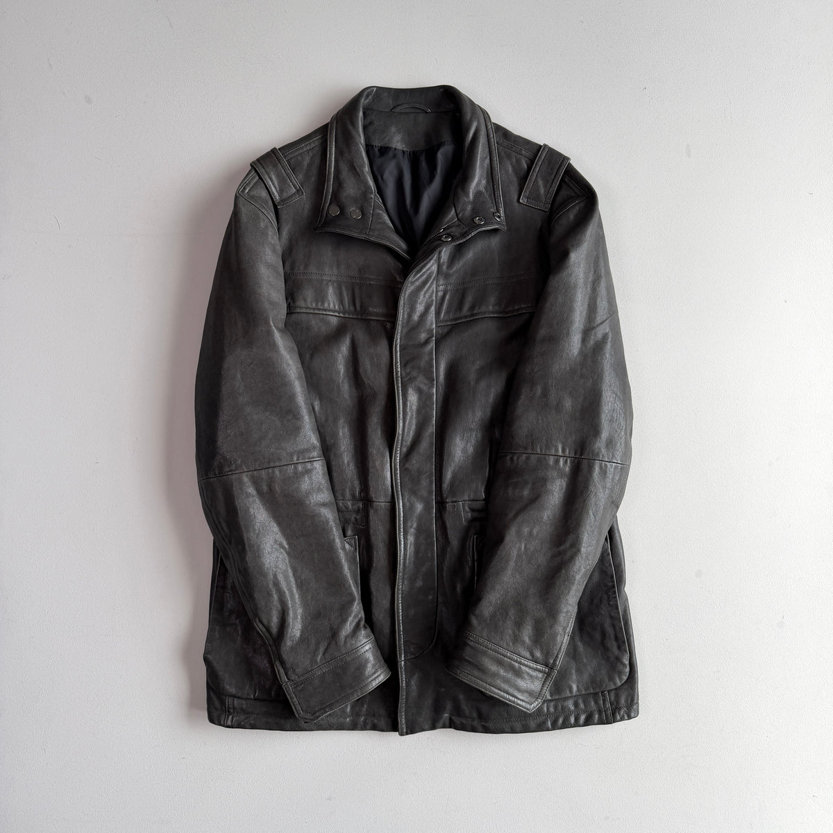 Z Zegna (54 /XL) Leather Charcoal Gray Motorcycle Utility Coat Jcket