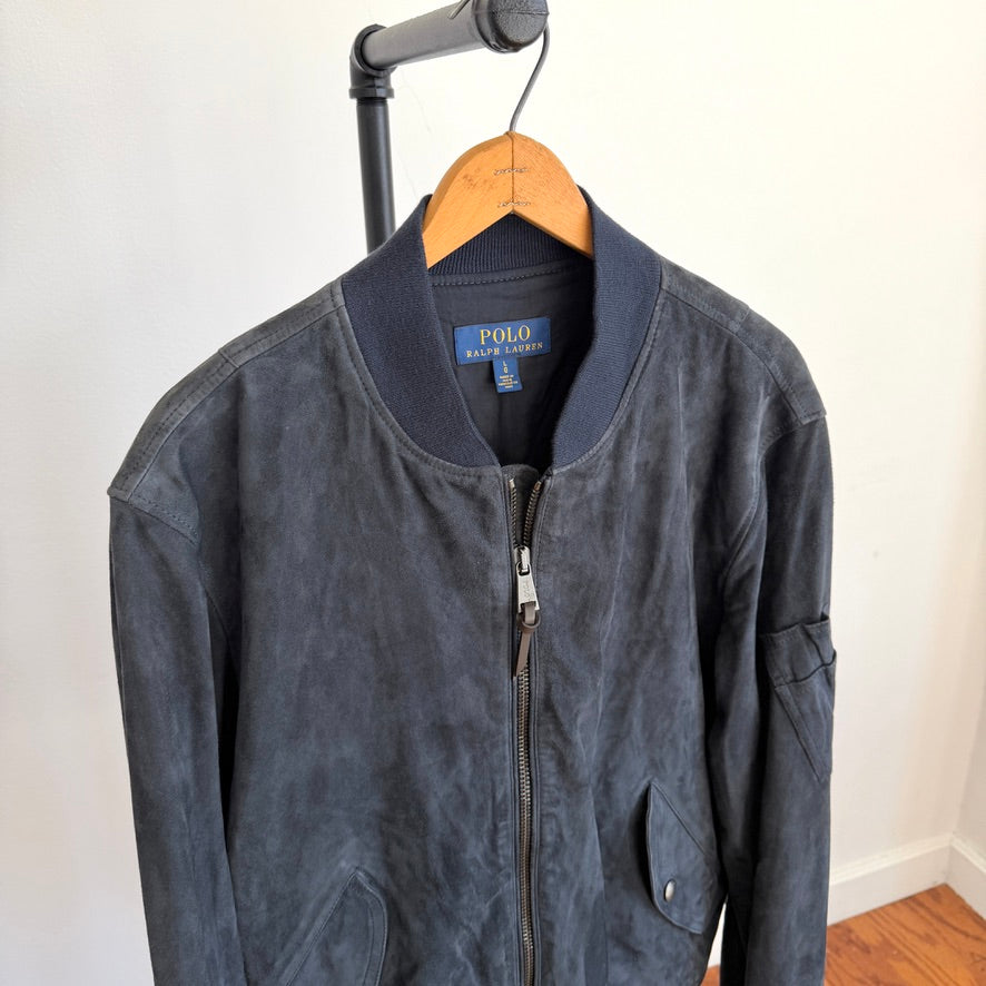 Polo Ralph Lauren (L) Navy Blue Goat Suede Leather Bomber Jacket
