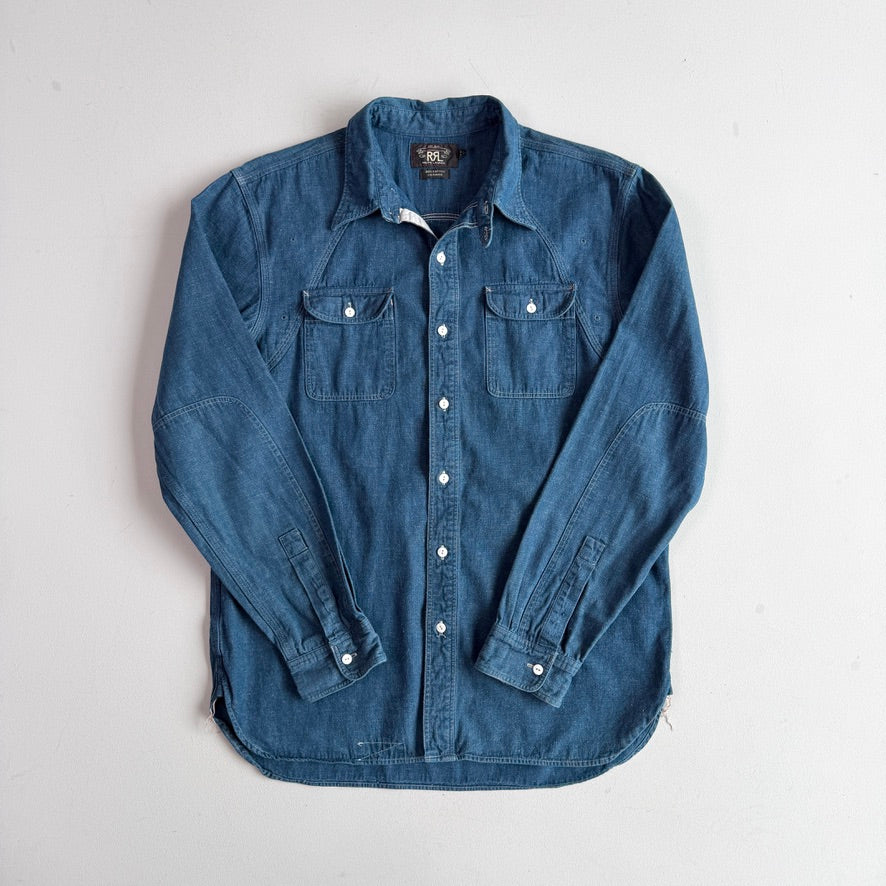RRL Ralph Lauren (L) Indigo Cotton/Ramie Chambray Scalloped Yoke Work Shirt