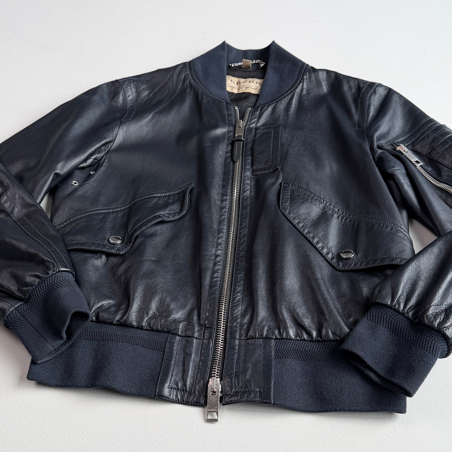 Burberry Brit (48 IT / M) Metallic Blue Leather Bomber Jacket